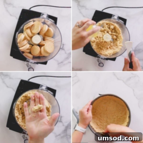 Four step-by-step photos illustrating the process of making the lemon Oreo crust for the cheesecake.