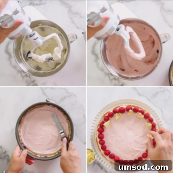 Four step-by-step photos showing the preparation of the creamy cheesecake filling.