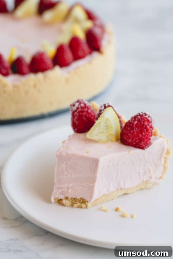 A beautifully presented slice of lemon raspberry cheesecake, ready for enjoyment, with a small piece already sampled.