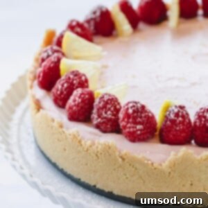 A whole lemon raspberry cheesecake topped with fresh raspberries on a white serving platter.