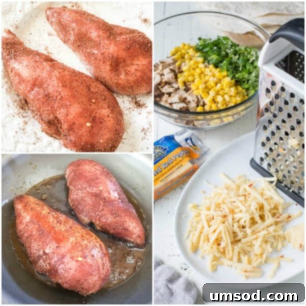 Effortless 30-Minute Cheesy Chicken Quesadillas 5 Ingredients for cheesy chicken quesadillas, including Crystal Farms Roasted Red Pepper Cheese, taco-seasoned chicken, corn, scallions, and cilantro, meticulously arranged for a step-by-step recipe.