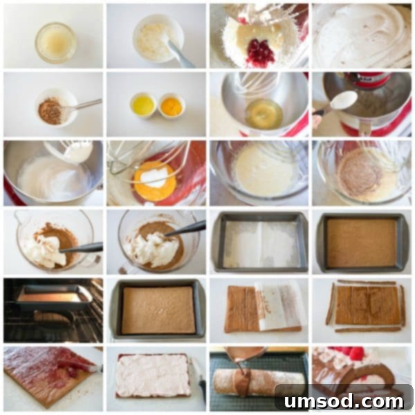 Step-by-step photographic instructions for preparing a chocolate roll cake, showing the process of baking and cooling the sponge, and preparing it for filling