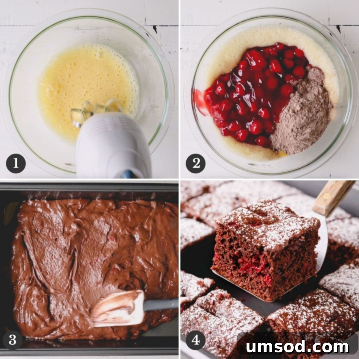 A visual step-by-step guide showing the process of making 3-ingredient chocolate cherry cake, from beating eggs to mixing the rich batter.