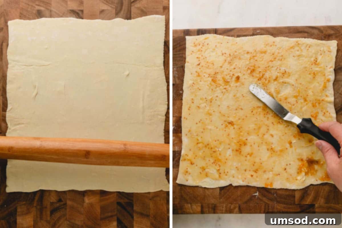 Puff pastry dough being rolled out and topped with apricot jam, showing the first two steps of the process.