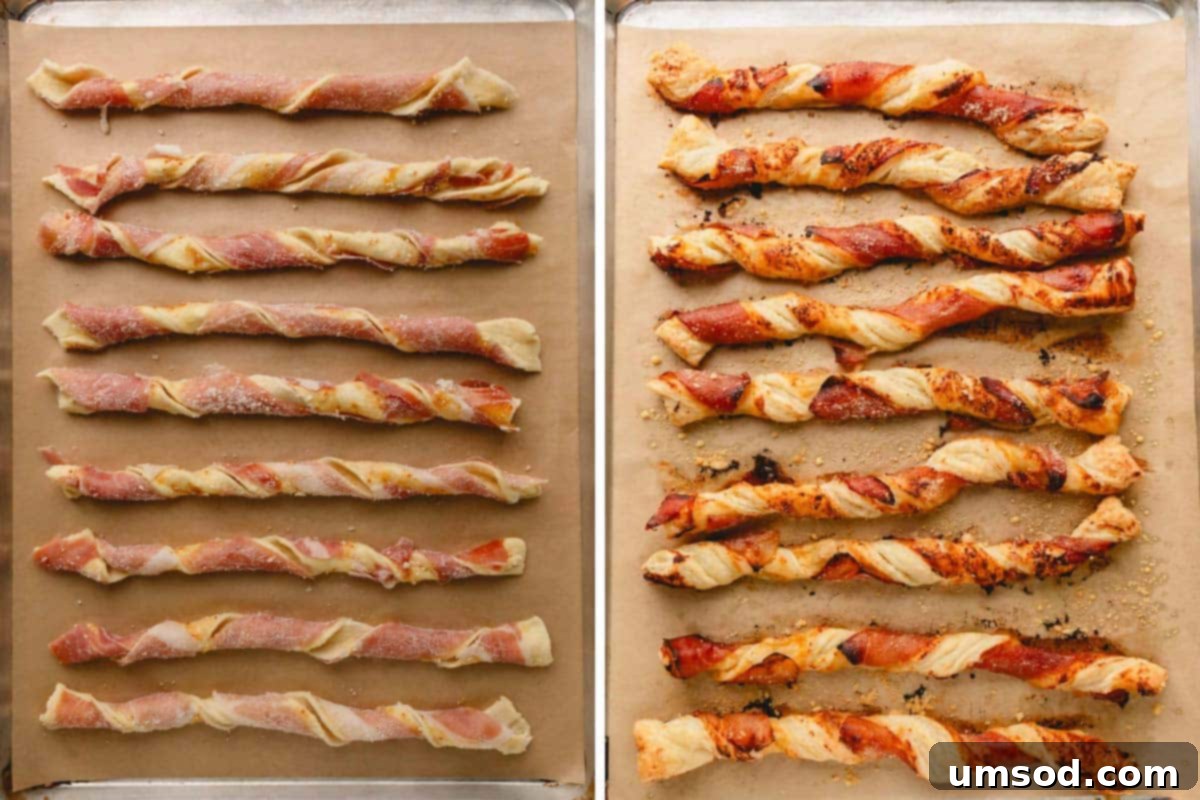 One sheet pan of unbaked prosciutto puff pastry twists and one sheet pan of baked puff pastry twists, illustrating the before and after baking stages.