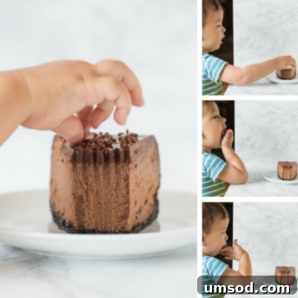 Toddler Grant's hand reaching for a slice of Supreme Chocolate Cheesecake.