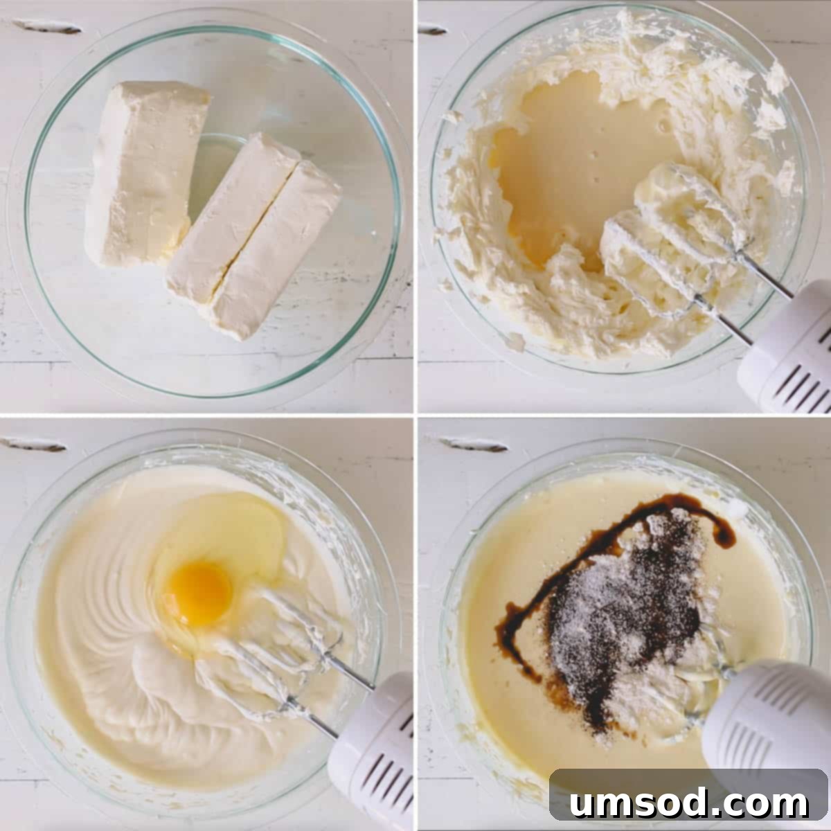 Four images showing the process of making a supreme chocolate cheesecake batter. 
