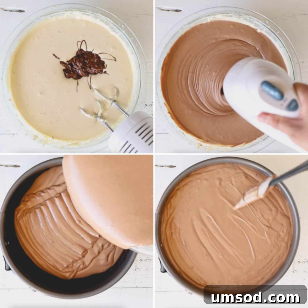 Chocolate cheesecake filling being poured into a crust. 