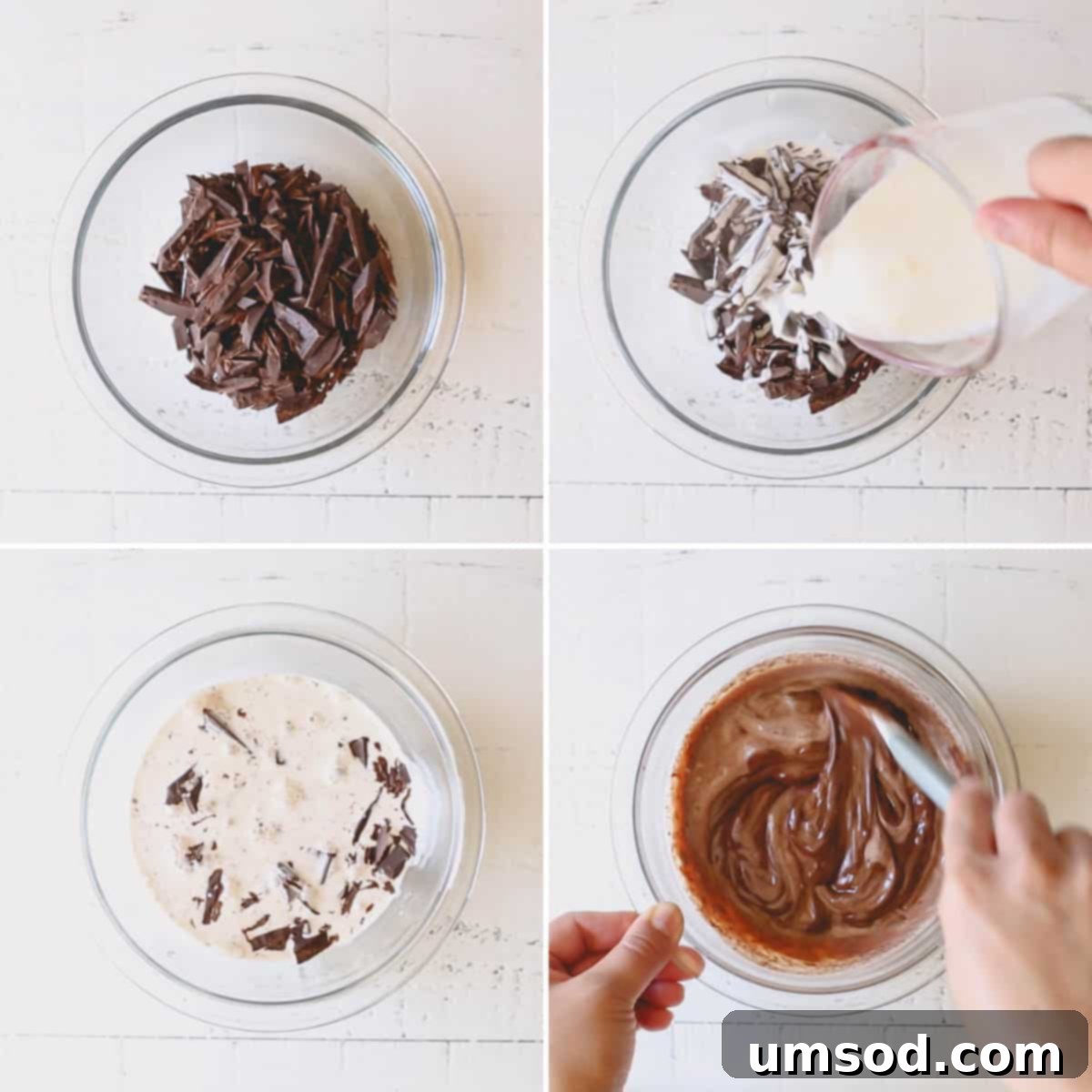 Chocolate chips being combined with cream to make ganache. 