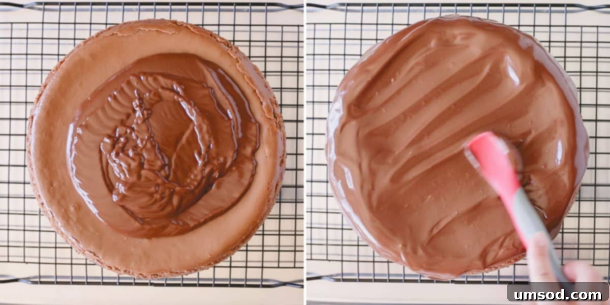 Chocolate ganache being spread over a supreme chocolate cheesecake.