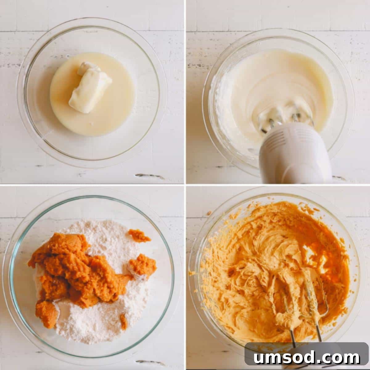 Spiced Pumpkin Cream Cheese Swirl Muffins 4 4-image collage of making pumpkin muffin batter. Shows cream cheese being beaten, pumpkin batter being mixed, filling muffin cups, and swirling the cream cheese.