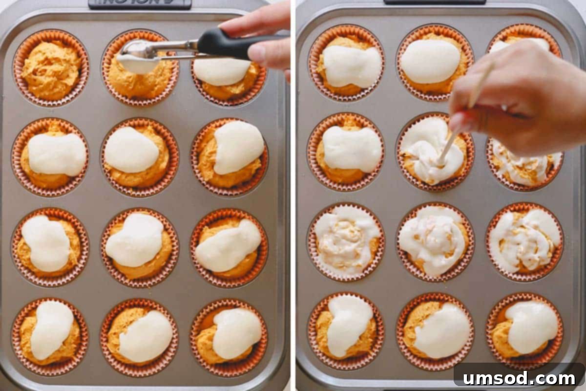 Spiced Pumpkin Cream Cheese Swirl Muffins 5 Pumpkin muffin batter divided into 12 cupcakes pan with cream cheese swirl before baking.