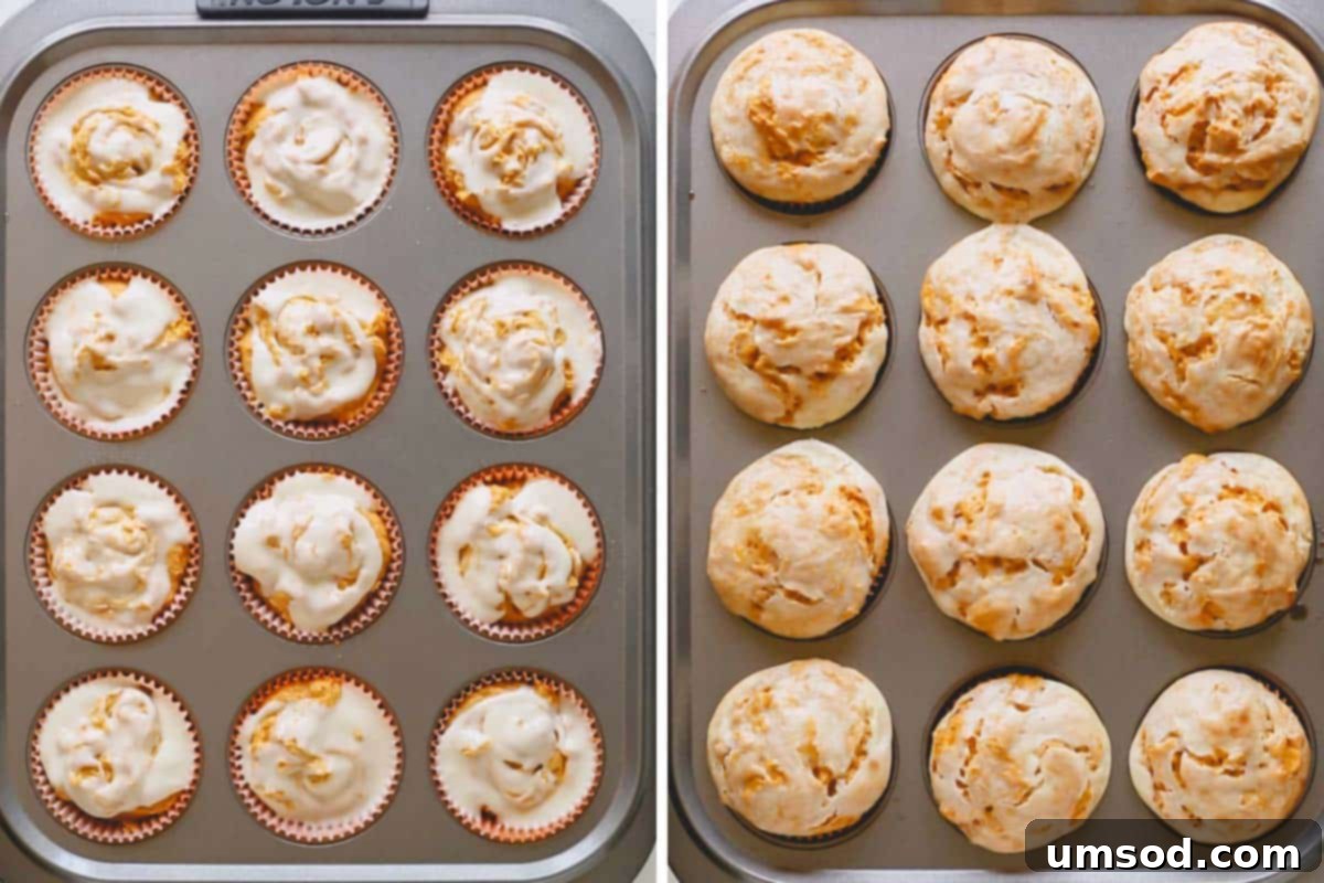 Spiced Pumpkin Cream Cheese Swirl Muffins 6 Pumpkin cheesecake muffins before and after baking. A side-by-side comparison.
