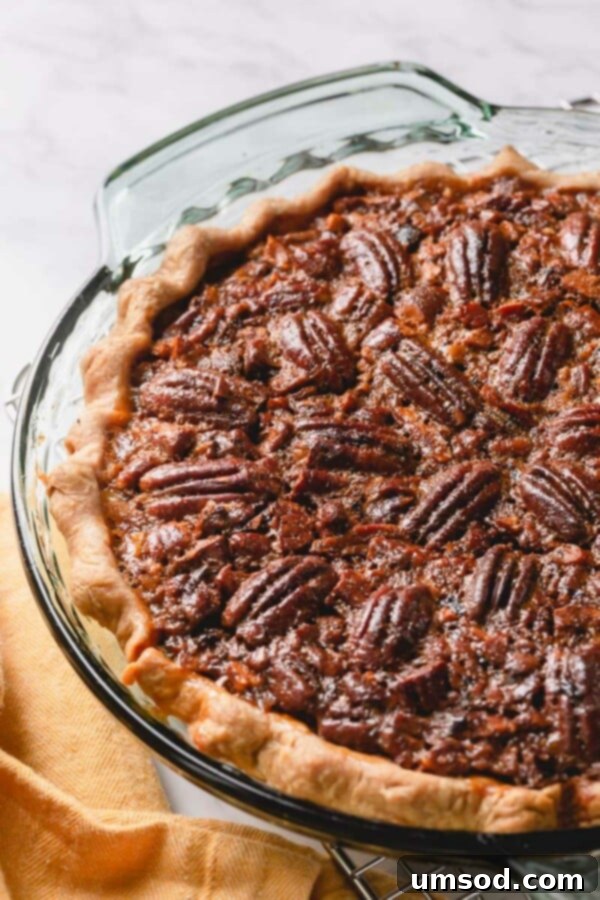 Pecan pie being checked for doneness with a thermometer