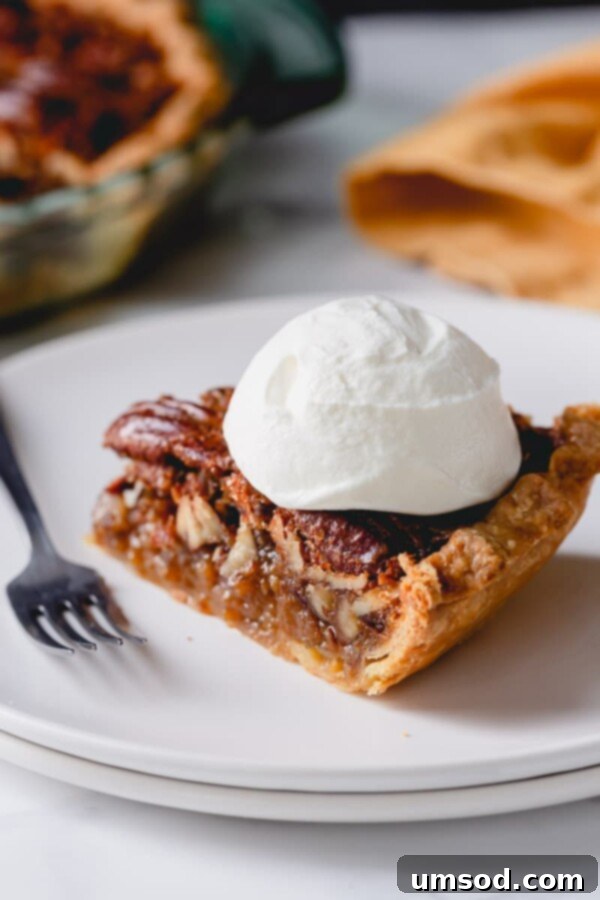 Close-up of a slice of pecan pie with gooey filling