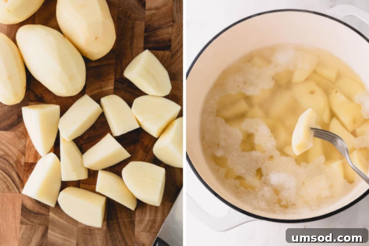 Ultimate Loaded Potato Bake 3 Peeled potatoes cut into wedges and being boiled with a fork holding a piece over a pot.