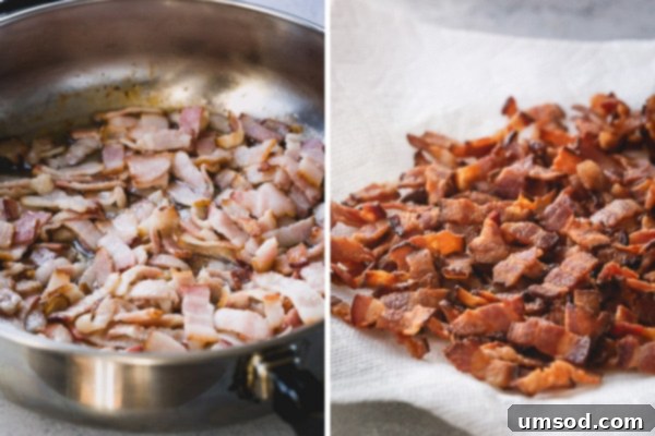 Ultimate Loaded Potato Bake 4 Side by side images of raw chopped bacon in a skillet and cooked bacon on a paper towel.