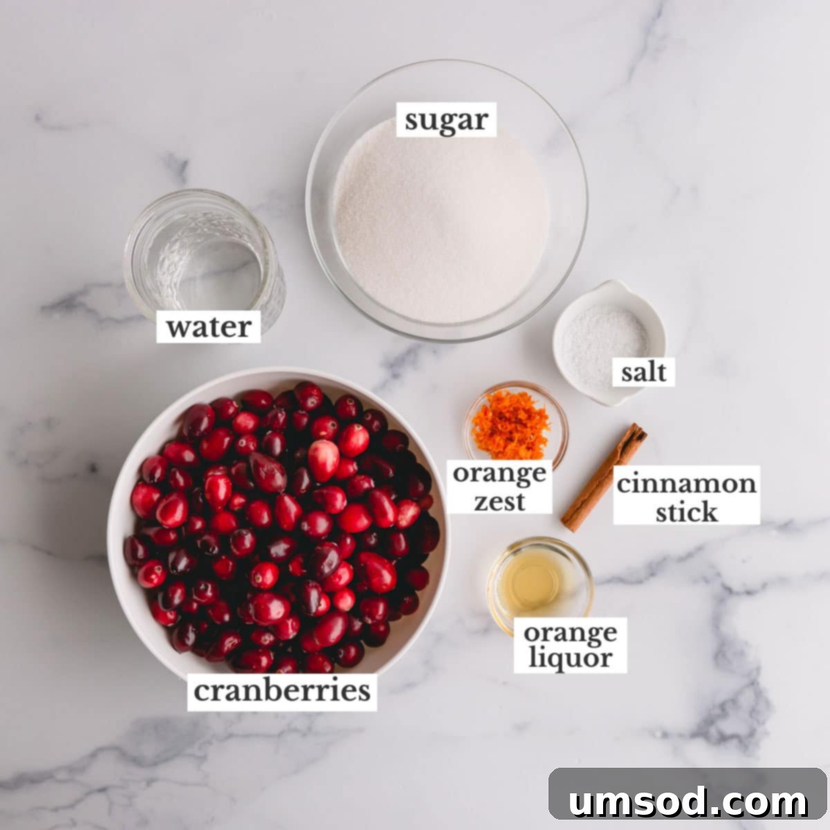 Homemade Orange Cranberry Sauce 4 A collection of fresh ingredients laid out: cranberries, oranges, sugar, water, and a cinnamon stick, ready for cranberry sauce preparation.