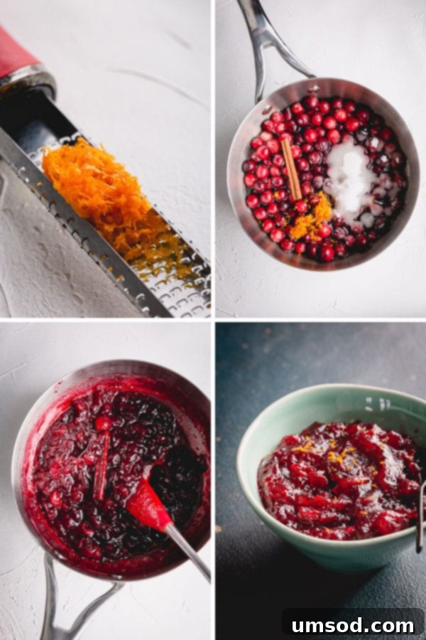 Homemade Orange Cranberry Sauce 5 Step-by-step photos illustrating the process of making orange cranberry sauce, showing ingredients simmering and thickening.