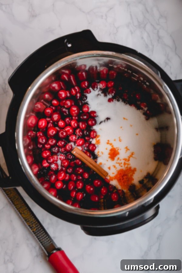 Homemade Orange Cranberry Sauce 6 Cranberry sauce ingredients being added to an Instant Pot, showing the beginning of the pressure cooking process.