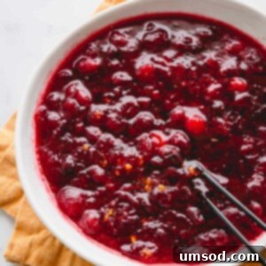 Homemade Orange Cranberry Sauce 7 Homemade orange cranberry sauce in a decorative white bowl.