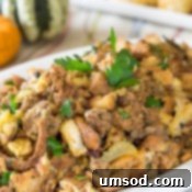 A platter of Instant Pot sausage stuffing.