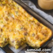 Stuffing Revival Breakfast Bake 8 Leftover stuffing breakfast casserole cooling in a baking dish, ready to be served.