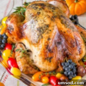 The Secret to a Gorgeously Juicy Brine-Free Thanksgiving Turkey 8 A beautifully roasted turkey, the centerpiece of a holiday meal, golden brown and garnished.