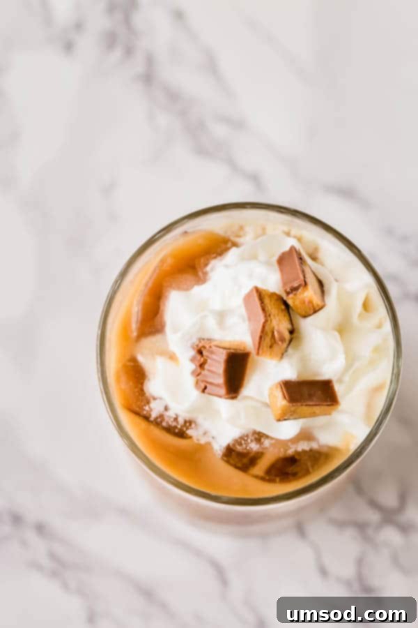 Sweet Crust Coffee 10 A glass of iced coffee made with Reese's Peanut Butter Cup creamer, topped with whipped cream and chocolate syrup, next to the creamer bottle.