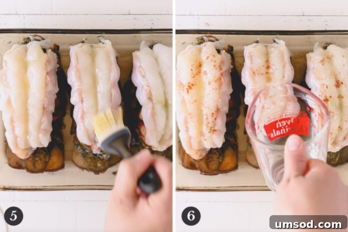 pouring wine on lobster tails