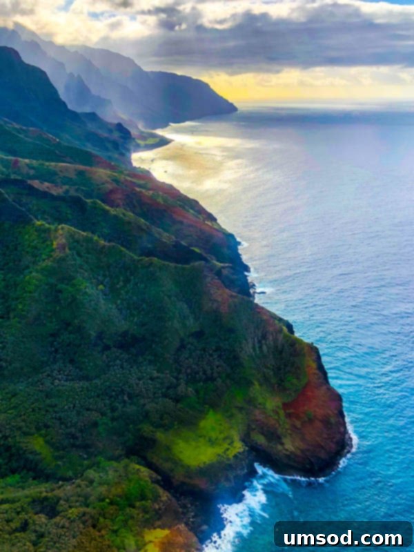 Dramatic coastal cliffs of the Napali Coast, Kauai, viewed from a helicopter