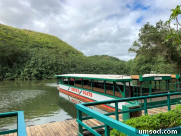Boat cruising along the lush Wailua River in Kauai, surrounded by tropical foliage