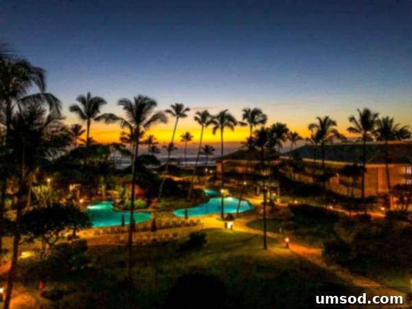 Panoramic ocean view from a resort lanai in Kauai, featuring palm trees and blue water