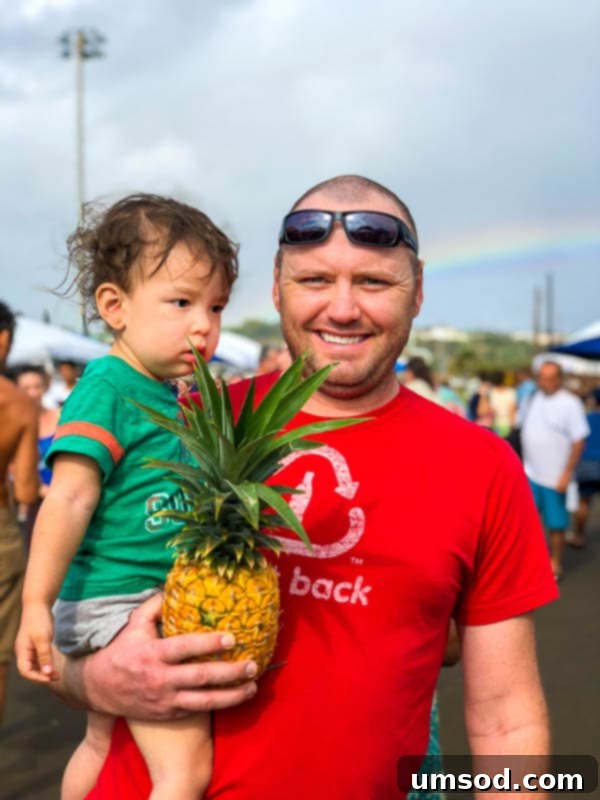 Colorful display of fresh tropical fruits at a Kauai farmer's market