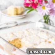 A baking dish of pineapple cake with a square missing, signifying a completed dessert.