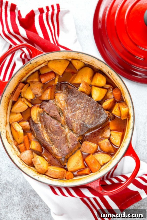 Flavorful, well-marbled chuck roast cooked low and slow in a Dutch oven yields melt-in-your-mouth tender and unbelievably flavorful pot roast, a perfect one-pot comfort meal.