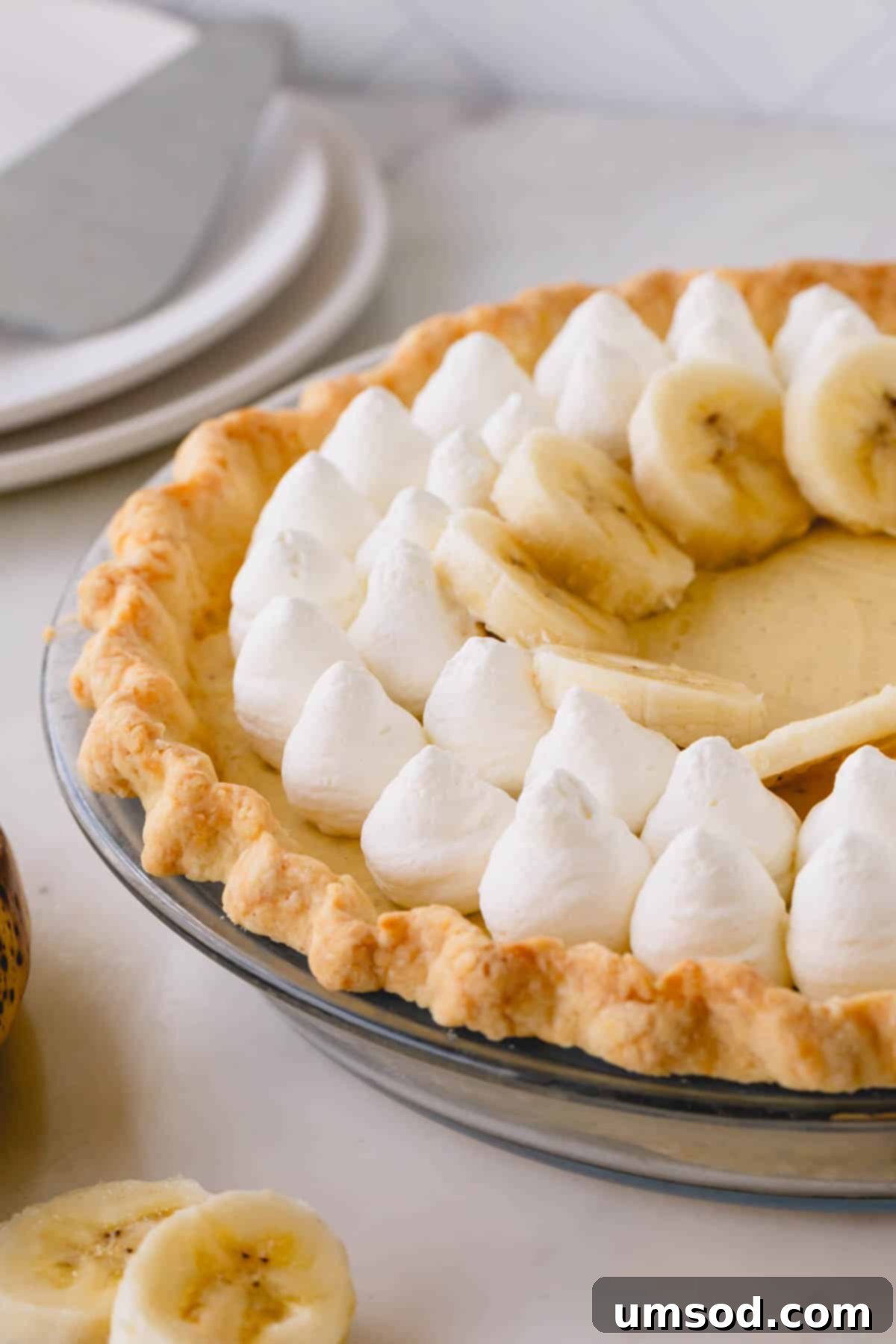 Banana cream pie decorated with dollops of whipped cream and banana slices.