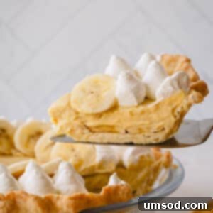 A slice of banana cream pie lifted up from the whole pie.