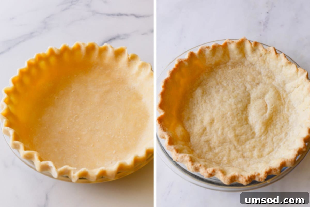 Side by side pie crust in a pie dish before and after blind bake.