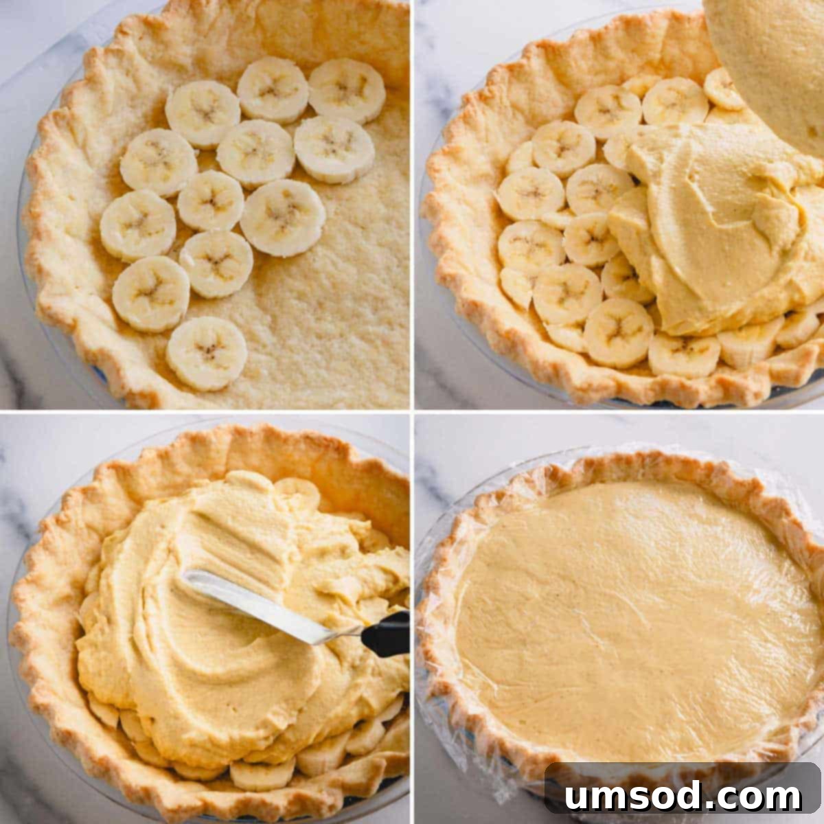 Collage of 4 images of assembling the banana cream pie.