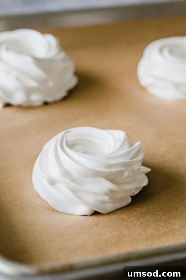 Luscious Strawberry Pavlova Bites 7 Close-up of a meringue rosette, expertly piped with a Wilton M1 piping tip, showcasing intricate detail.