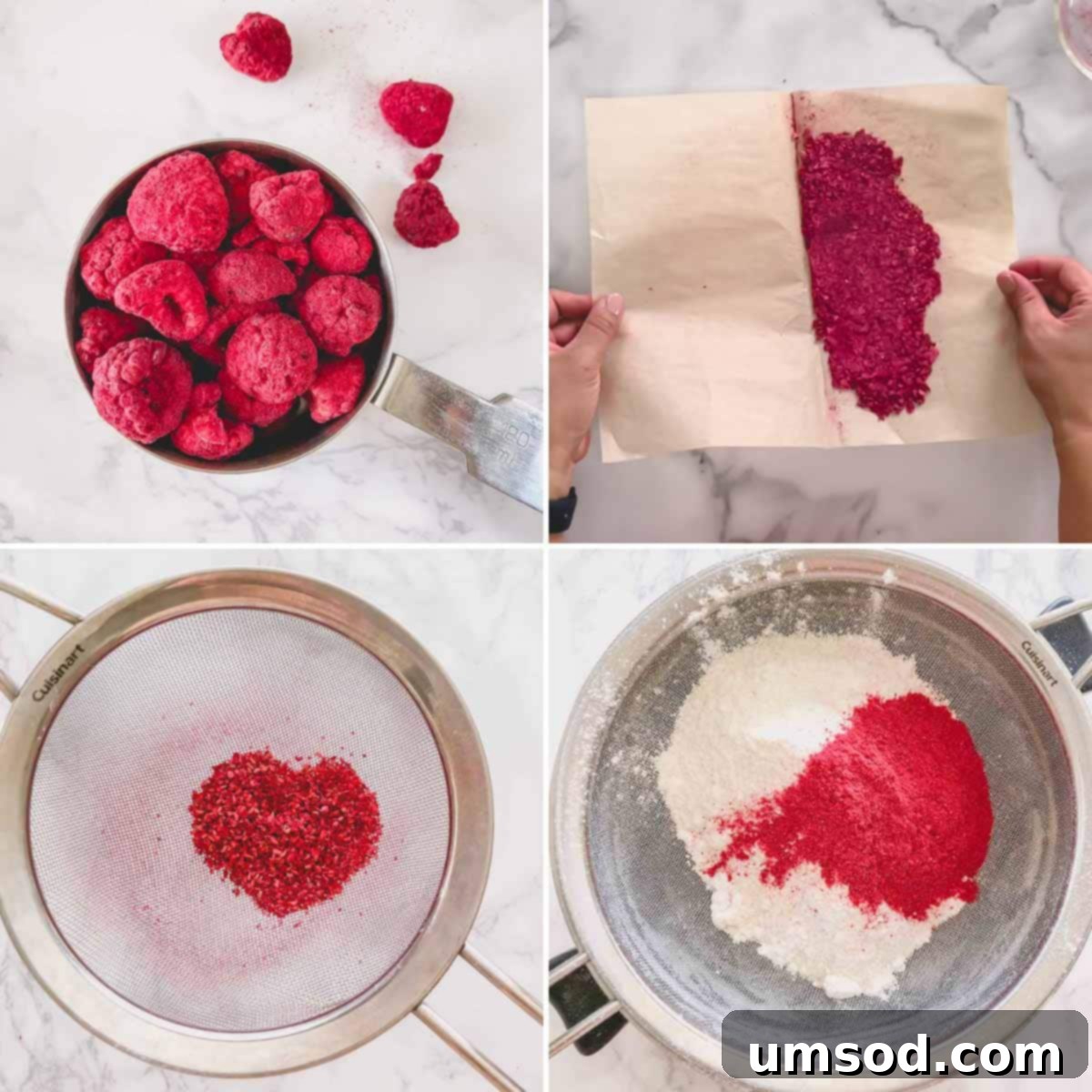 Step by step photos of crushing freeze-dried raspberries and sifting dry ingredients, essential for smooth macaron shells.