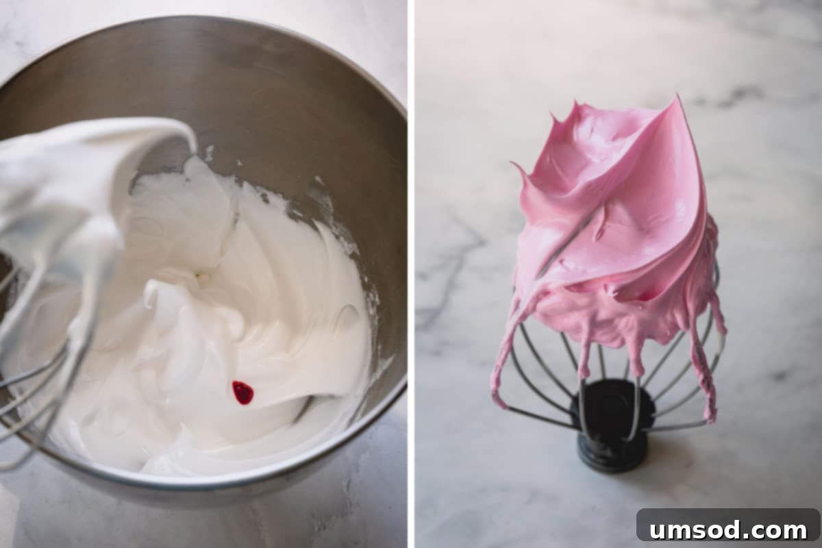 Side by side image showing the progression from soft peak meringue to stiff peak meringue, essential stages for macaron preparation.