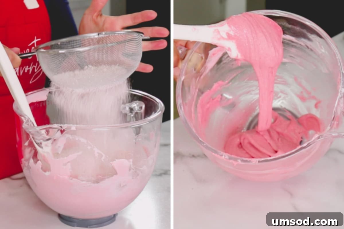 Side by side images illustrating the macaronage process, from initial folding to the perfect ribbon consistency.