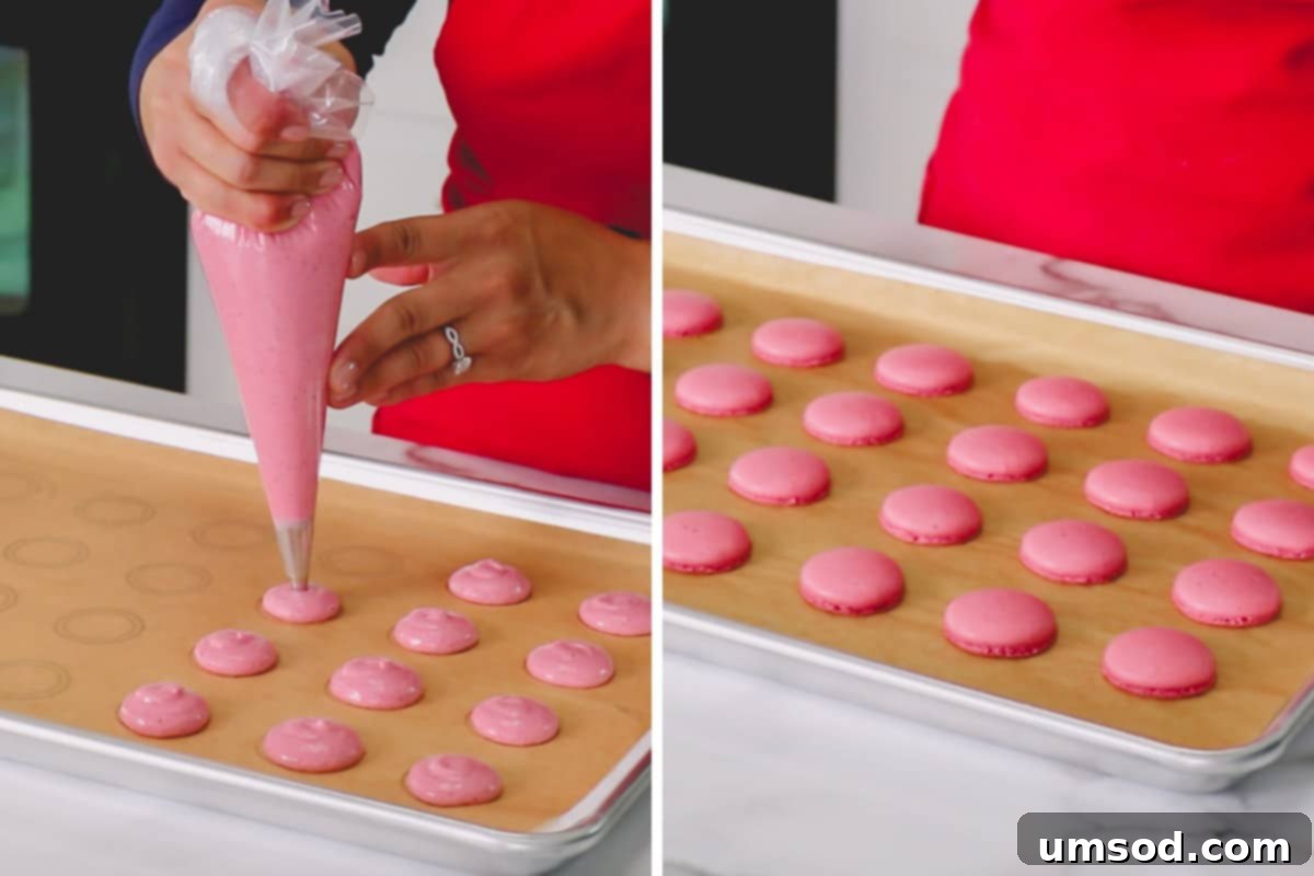 Side by side images showing the process of piping macaron shells onto a baking sheet, followed by the perfectly baked macaron shells with developed 'feet'.