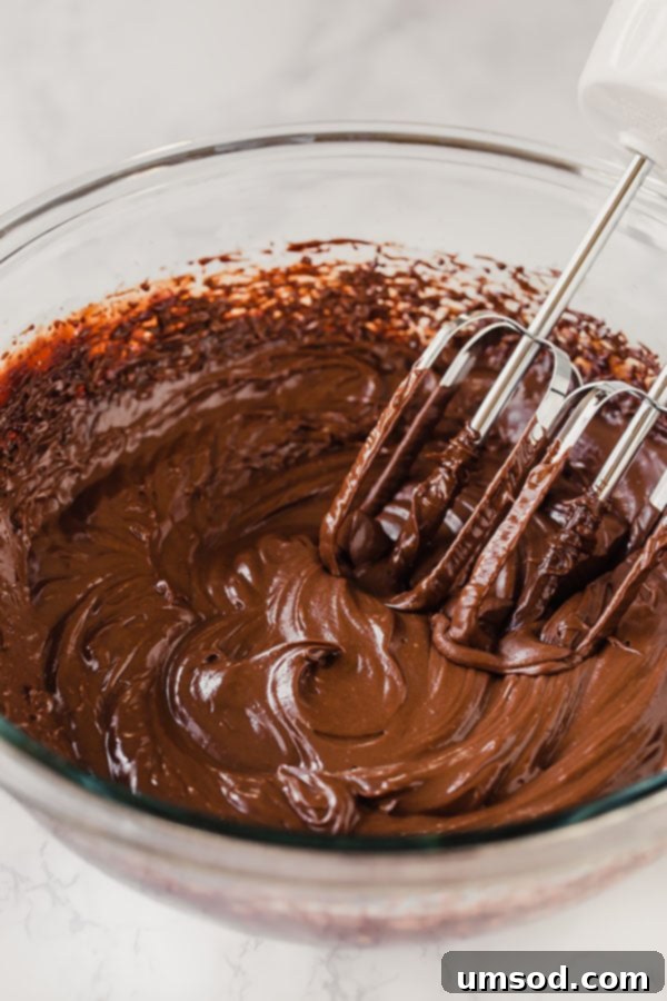 Silky smooth mocha frosting generously spread over a rich chocolate cake, showcasing its deep brown color and creamy, luscious texture. The perfect indulgent topping for any chocolate dessert.