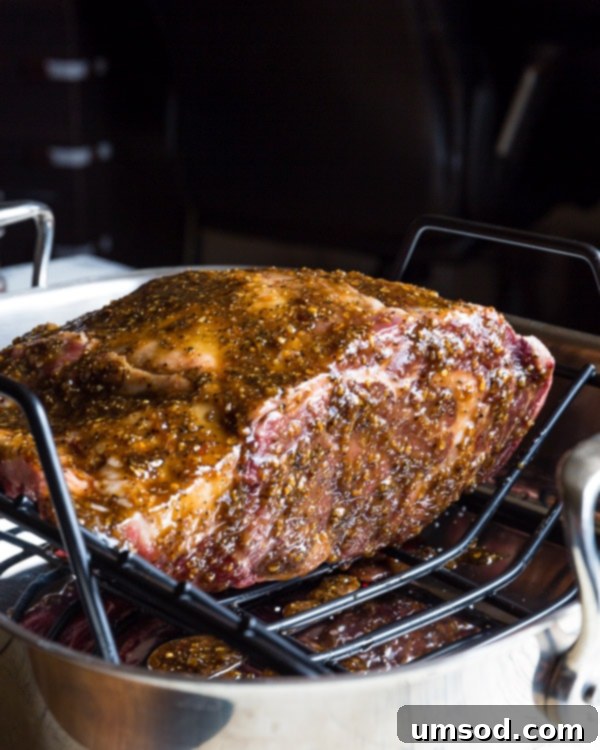 Ultimate Prime Rib Perfection 4 The raw, boneless prime rib roast, meticulously marinated and placed in a roasting pan, ready for cooking.