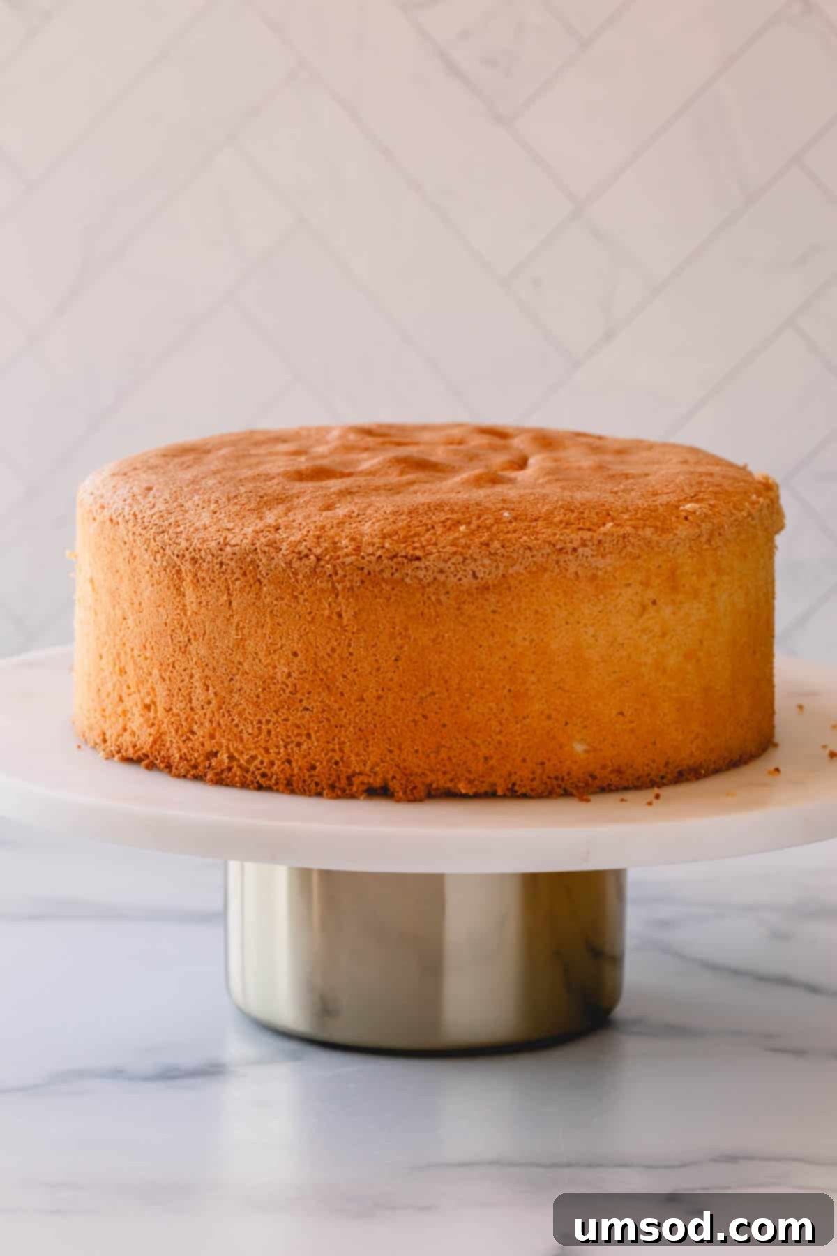 A beautifully baked, tall sponge cake resting on an elegant cake stand.
