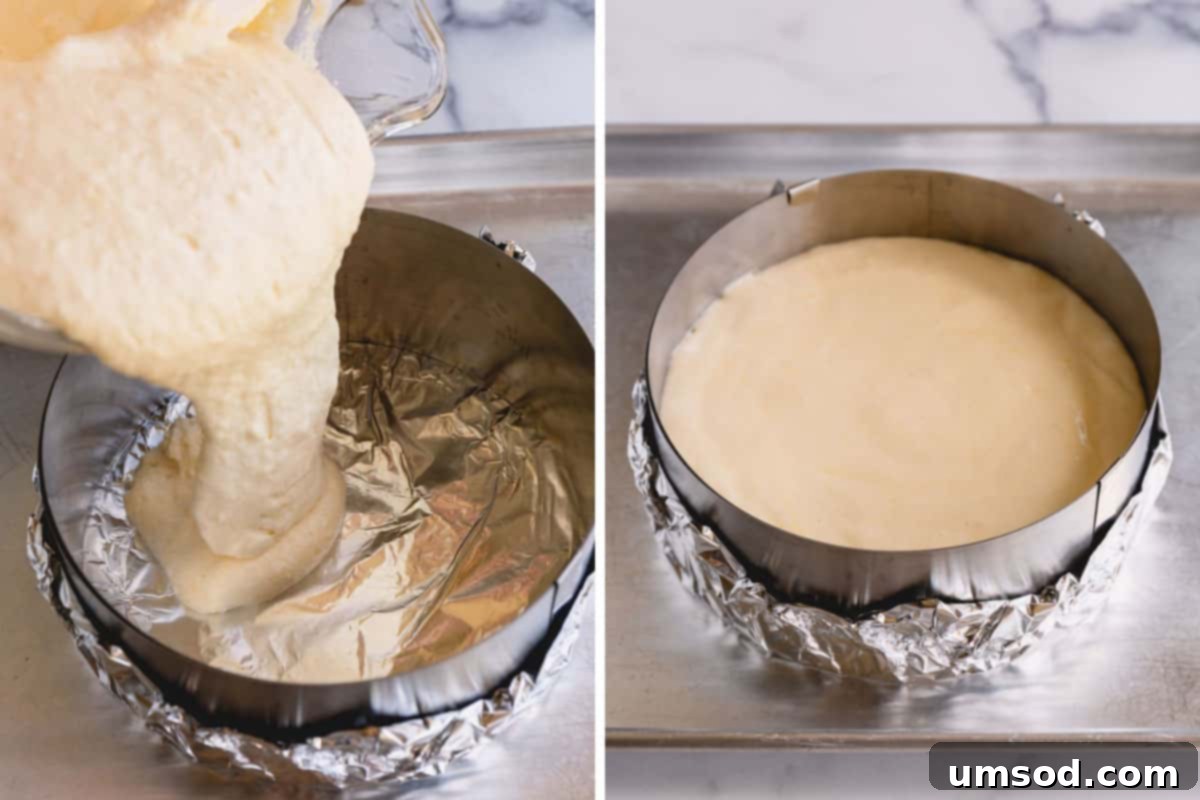 Light sponge cake batter being carefully poured into a round cake pan, ready for baking.