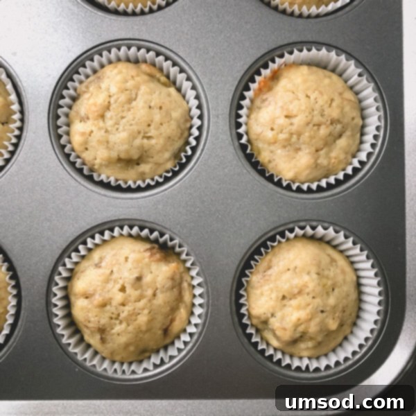 Effortless Banana Treats 11 Comparison image showing very pale baked banana muffins versus golden-brown muffins, illustrating the effect of baking soda.